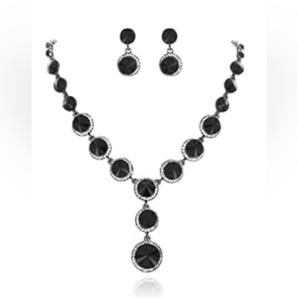 Sophia Collection Rhinestone Drop Necklace and Earrings Set in Black - Picture 1 of 4